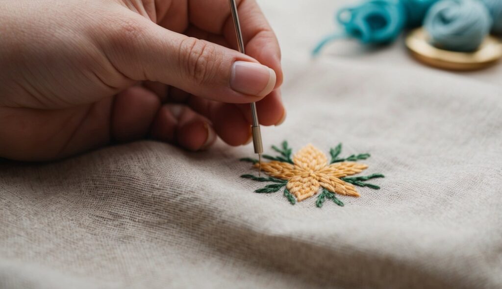 Une main délicate brode un motif floral en "broderie point de tige" sur un tissu en lin.