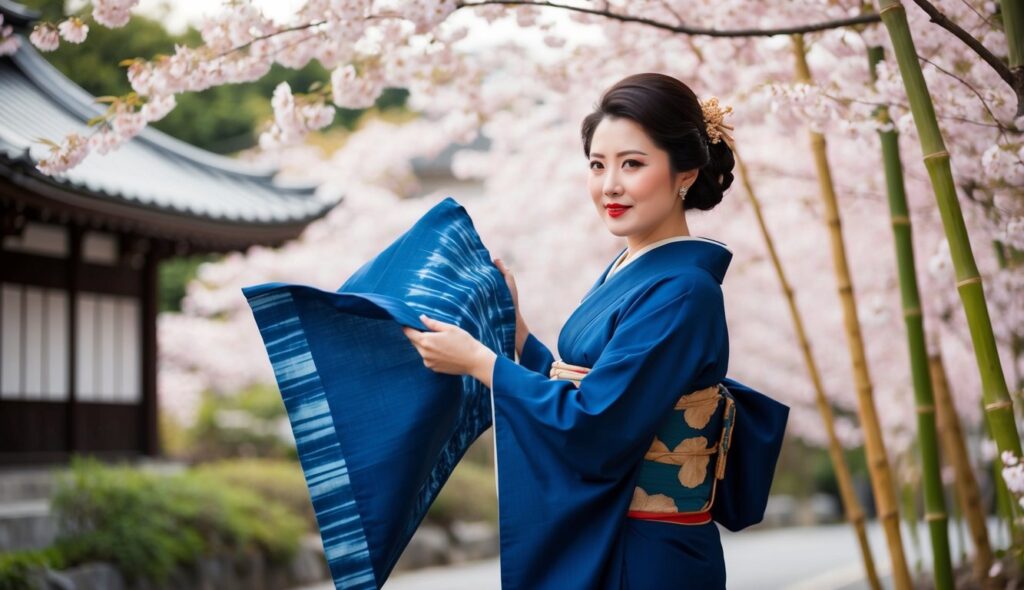 Une femme japonaise dans un kimono indigo fluide, entourée de cerisiers en fleurs et de bambous, tenant un morceau de tissu traditionnel en indigo.