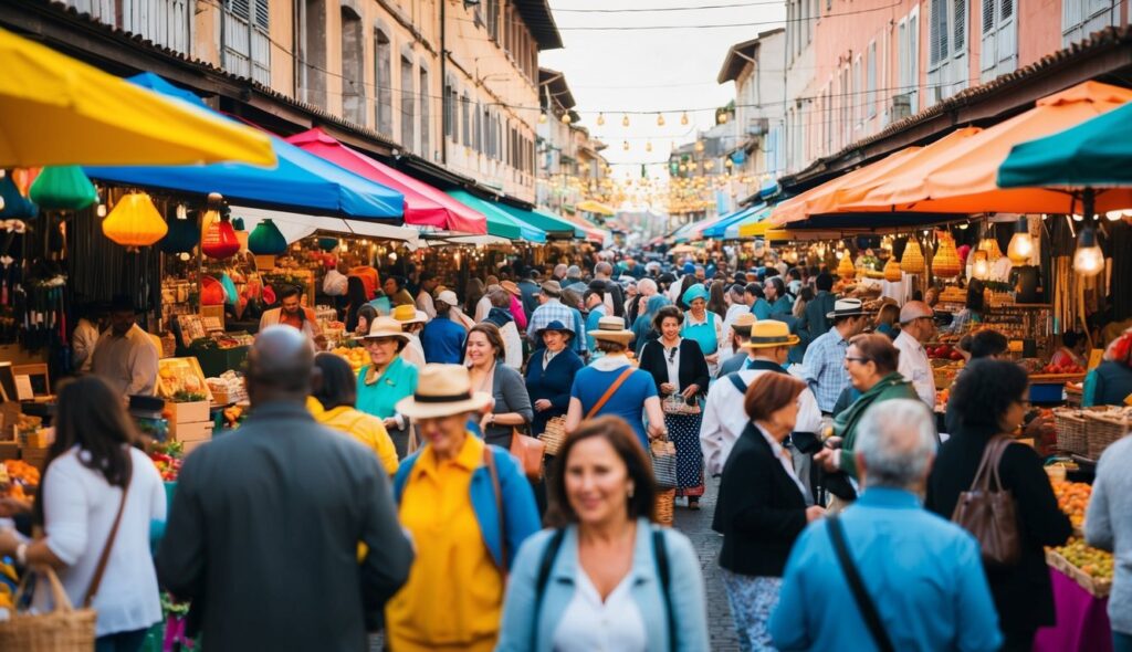 Un marché artisanal animé, rempli de vendeurs et de clients, avec en toile de fond des stands colorés et de la musique vivante.