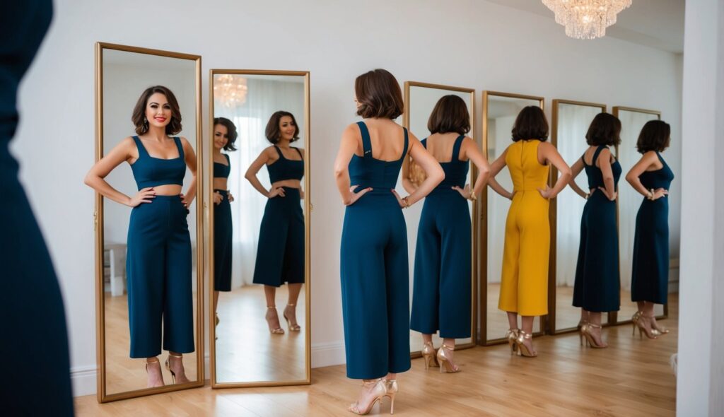 Une femme se tient devant un miroir plein pied, essayant différentes tenues pour trouver la combinaison parfaite pour sa silhouette.