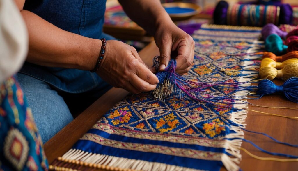 Un artisan qualifié tisse méticuleusement des motifs complexes sur un tissu délicat, utilisant une variété de fils colorés et de techniques élaborées.