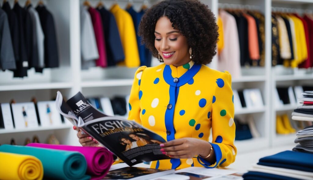 Une femme dans un tissu vibrant en Wax Hollandais feuillette un magazine de mode à la recherche des tendances actuelles.