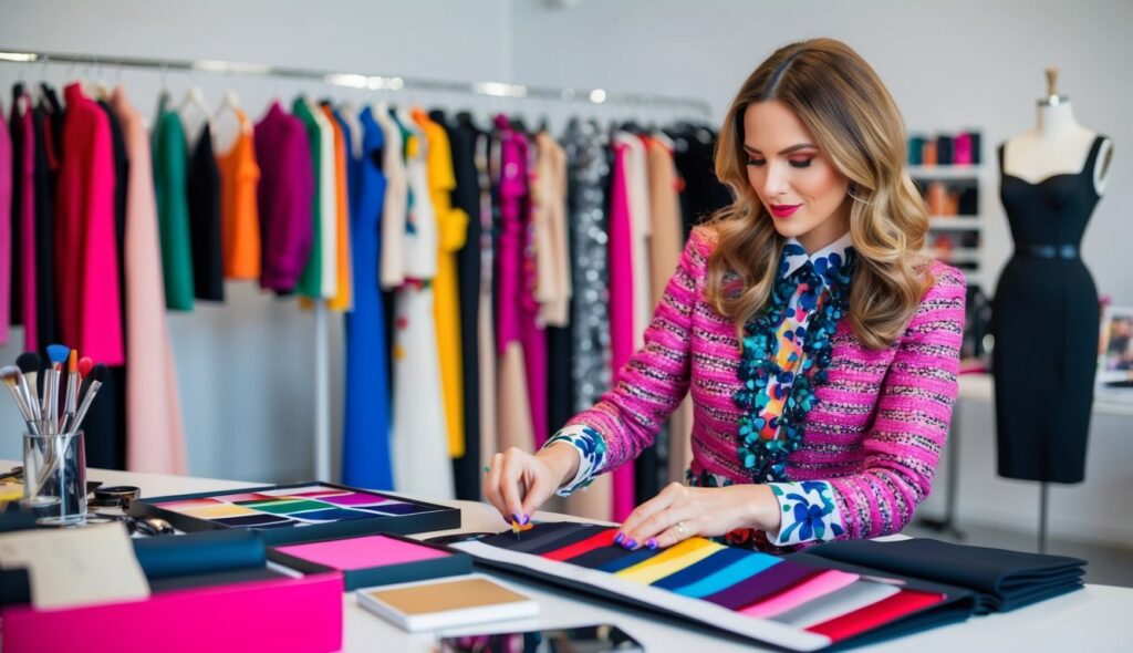 Un créateur de mode choisit et mélange soigneusement des couleurs vives, créant une collection de haute couture époustouflante.