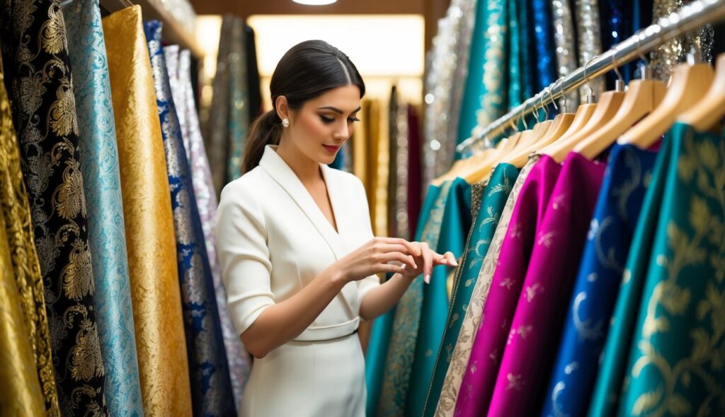 Une femme se tient dans un magasin de tissus luxueux, entourée de textiles en brocart chatoyants dans une variété de couleurs et de motifs. Elle examine attentivement les designs complexes, ressentant la texture lisse entre ses doigts.