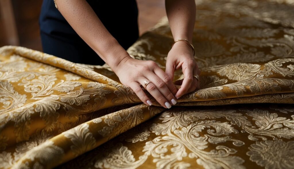 Une femme examine soigneusement un tissu en brocart luxueux, passant ses doigts sur ses motifs complexes et sa texture riche.