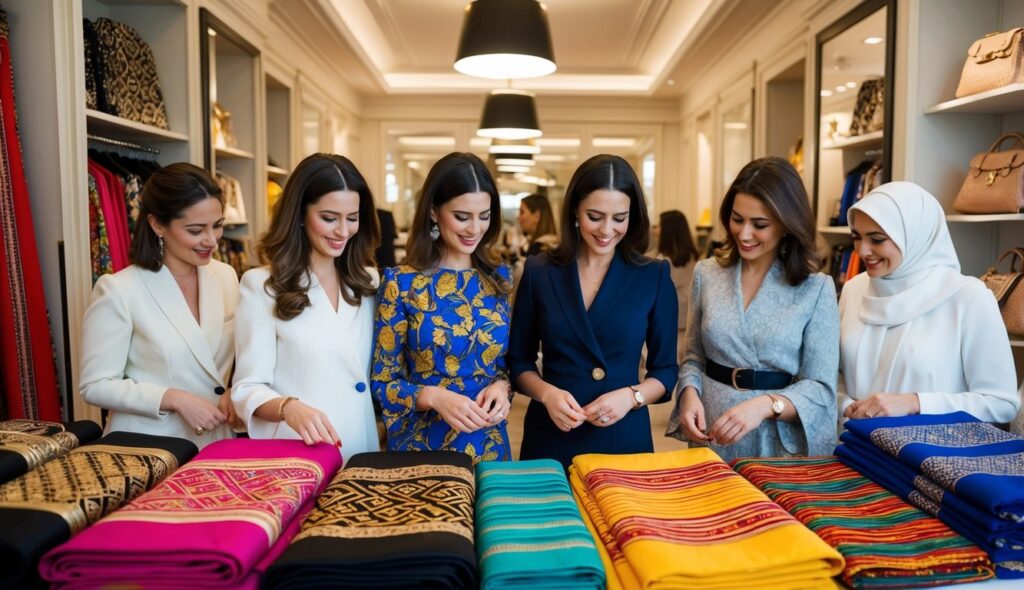 Des femmes françaises dans une chic boutique parisienne feuillettent des tissus vibrants de jellaba traditionnels en sfifa.