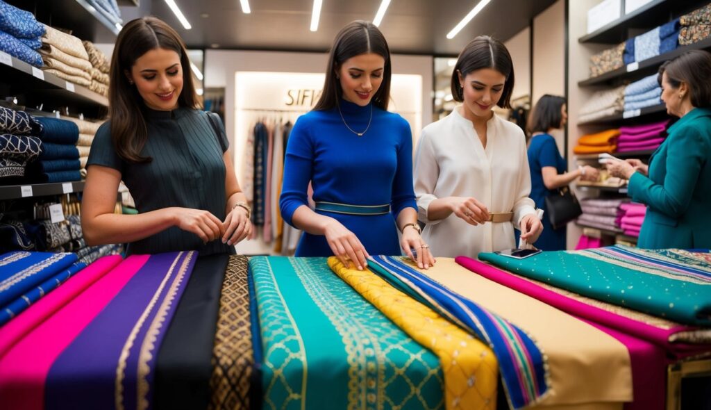 Des femmes françaises feuillettent des tissus vibrants de jellaba en sfifa dans un magasin parisien moderne.