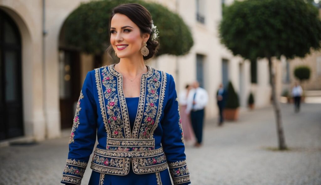 Une femme en France porte un Karakou traditionnel pour un mariage, composé d'une veste à manches longues avec une broderie complexe et d'une jupe ou d'un pantalon assorti.