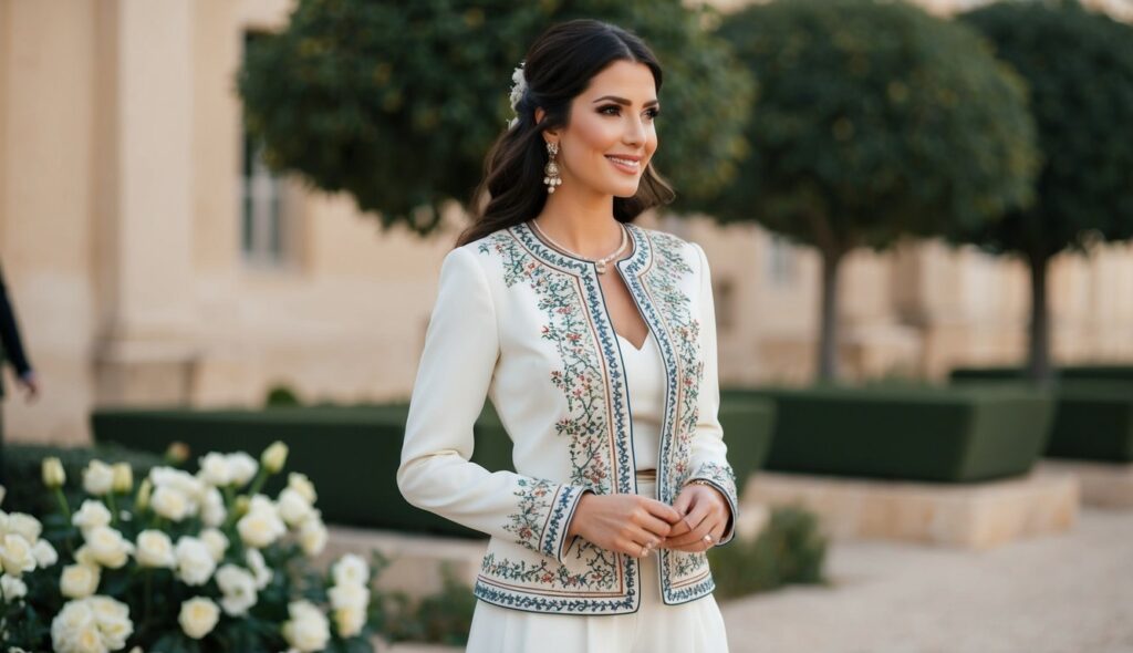 Une femme en France porte un karakou algérien traditionnel pour un mariage. La tenue comprend une veste à manches longues avec des broderies complexes, accompagnée d'une jupe ou d'un pantalon assorti.