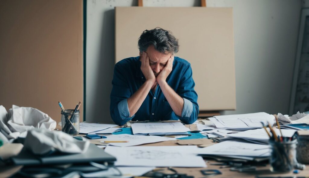 Un artiste épuisé est assis à un bureau encombré, entouré de projets inachevés et de croquis froissés. Ses yeux fatigués fixent d'un air vide la toile blanche devant lui.