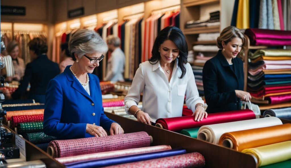 Un magasin de tissus parisien animé, où des femmes parcourent des textiles en soie luxueux provenant de France.