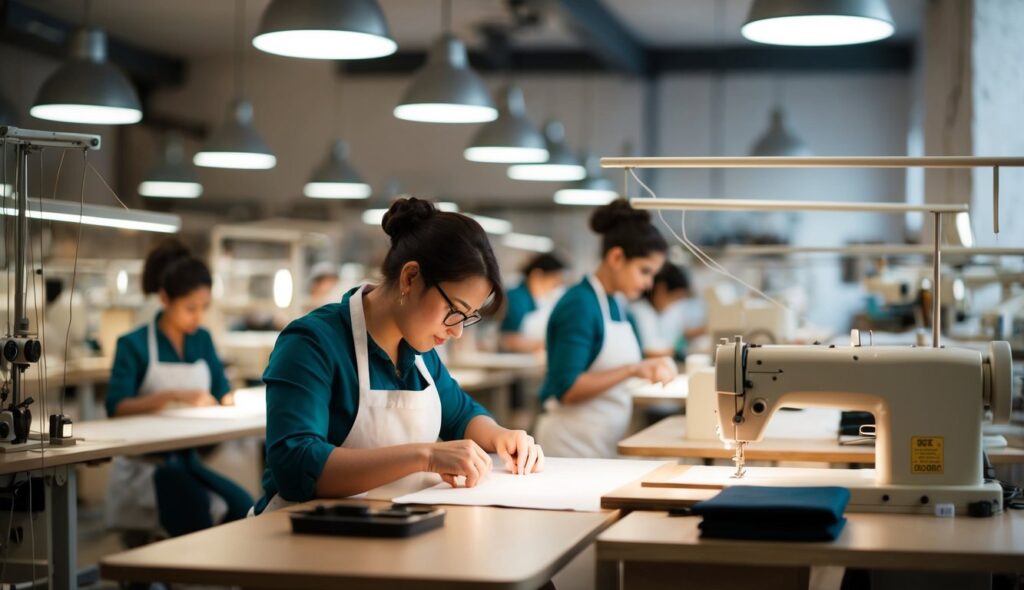 Un atelier de couture professionnel bourdonne d'une activité concentrée, alors que des artisans qualifiés confectionnent méticuleusement des produits précis et réalisés avec expertise.