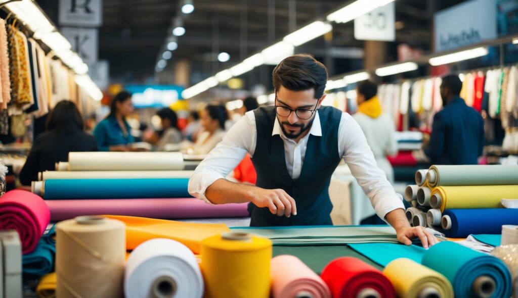 Un entrepreneur de la mode examine attentivement des rouleaux de tissu dans un marché textile animé, à la recherche du fournisseur idéal.