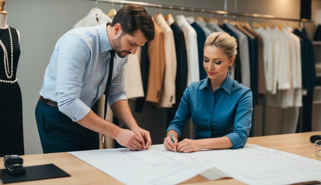 Un tailleur mesure soigneusement le corps d'un client, puis esquisse et ajuste des patrons pour un vêtement sur mesure.