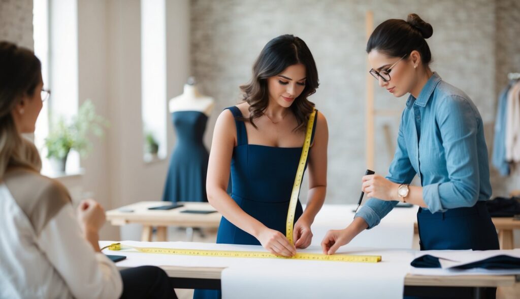 Un designer de mode mesure soigneusement le corps d'un client, puis crée habilement un patron, en l'ajustant pour un ajustement parfait.