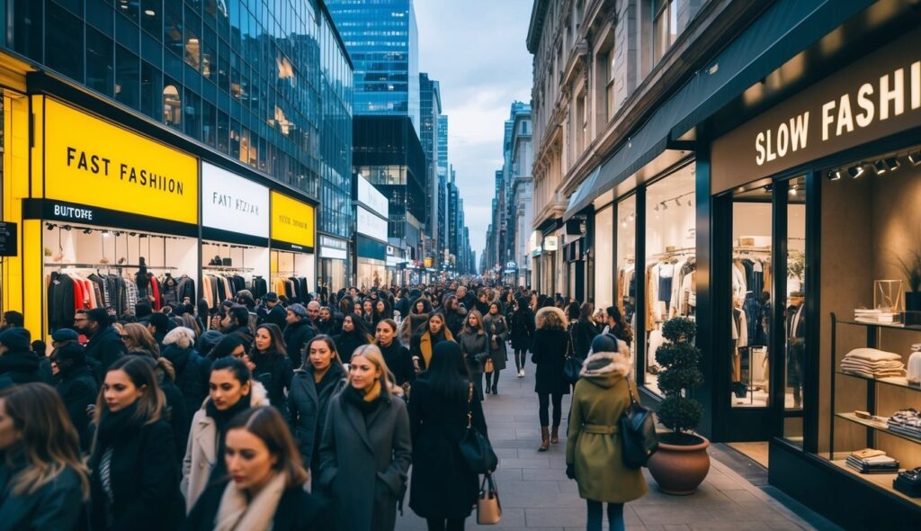 Une rue animée de la ville avec des magasins de mode rapide bondés et vivement éclairés, contrastée par une boutique de slow fashion sereine et naturelle.