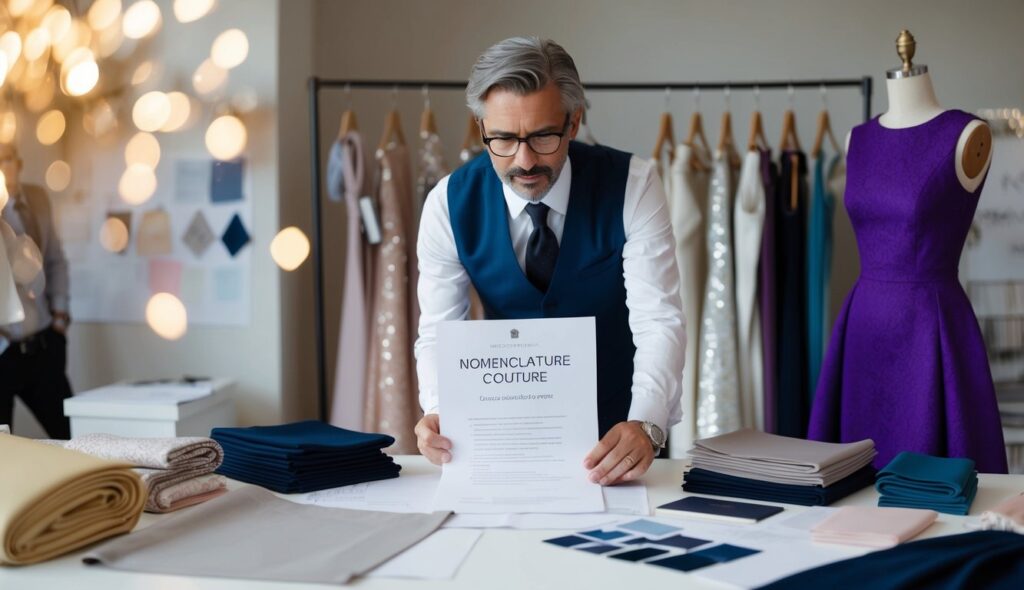 Un couturier étudie attentivement un document de nomenclature couture, entouré d'échantillons de tissus et de croquis de design.