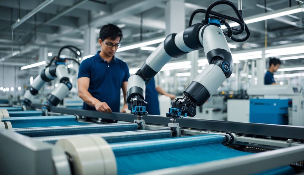 L'intelligence artificielle révolutionne l'industrie textile, avec des robots et des machines travaillant aux côtés des humains dans une usine moderne et high-tech.