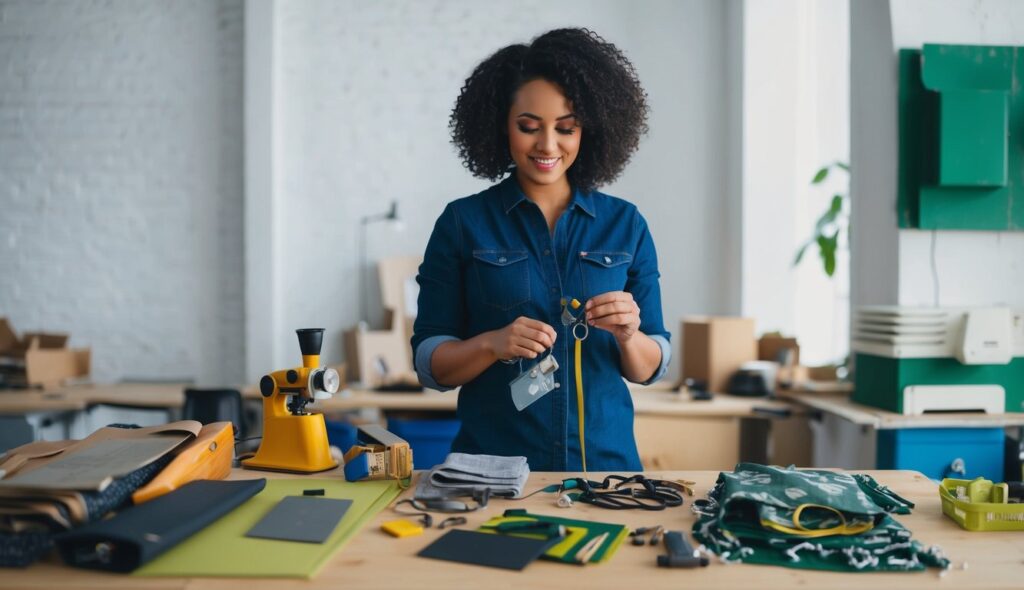 Une personne réutilise d'anciens matériaux pour en faire de nouveaux articles de mode, illustrant le processus d'upcycling de manière créative et durable.