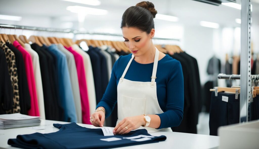 Un créateur de mode inspecte soigneusement et étiquette une nouvelle ligne de vêtements, s'assurant que chaque article est marqué avec précision pour la vente.