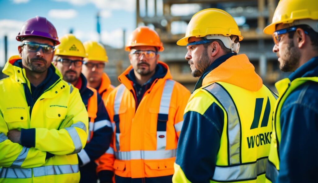 Un groupe de travailleurs en vêtements de haute visibilité sur un chantier de construction, avec des couleurs vives et des bandes réfléchissantes, garantissant leur sécurité dans un environnement potentiellement dangereux.