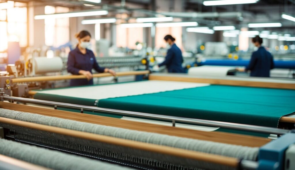 Le processus de production du tissu EcoVero, avec des matériaux écologiques et des pratiques durables, est représenté dans une usine textile animée.