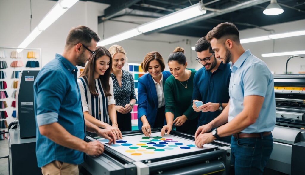 Un groupe de personnes est rassemblé autour d'une grande machine d'impression, choisissant attentivement les couleurs et les designs pour l'impression textile personnalisée.