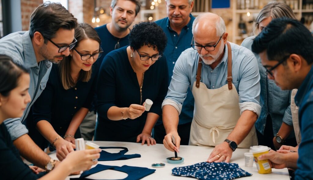 Un groupe de personnes est réuni autour d'une table, regardant avec attention un artisan qualifié appliquer la technique de flocage pour personnaliser une variété d'articles textiles.