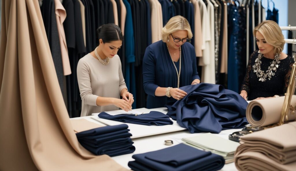 Des tissus luxueux drapés et pliés entourent des designers de mode au travail, créant des collections haute couture, prêt-à-porter et des accessoires.