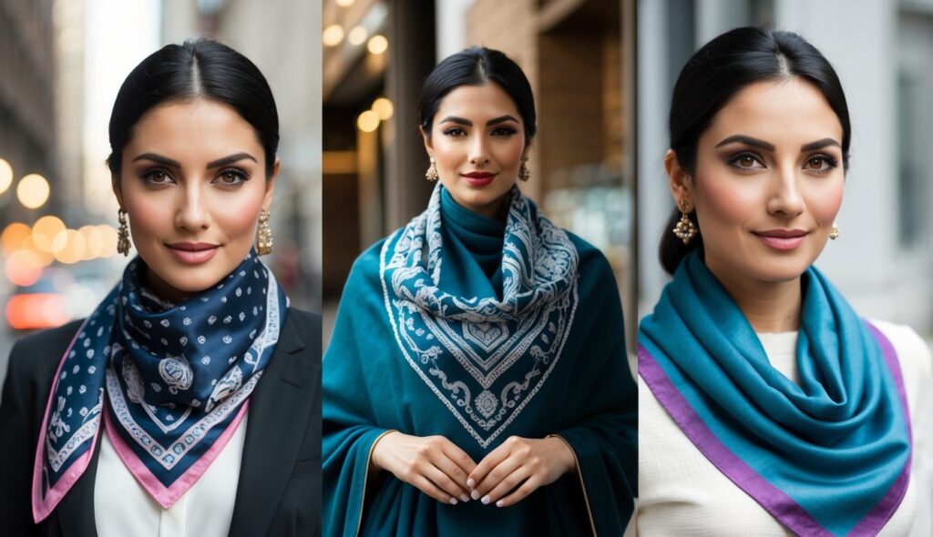 Une femme portant un foulard en pashmina dans différents styles et designs, passant d'une utilisation quotidienne à des occasions formelles.