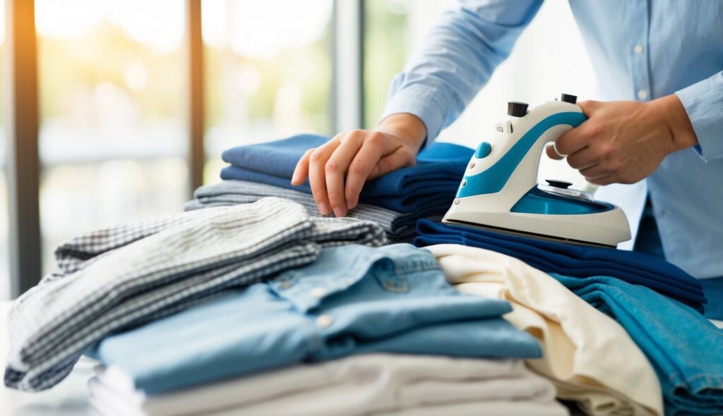 Une personne repassant soigneusement une pile de vêtements, créant des lignes nettes et des tissus lisses.