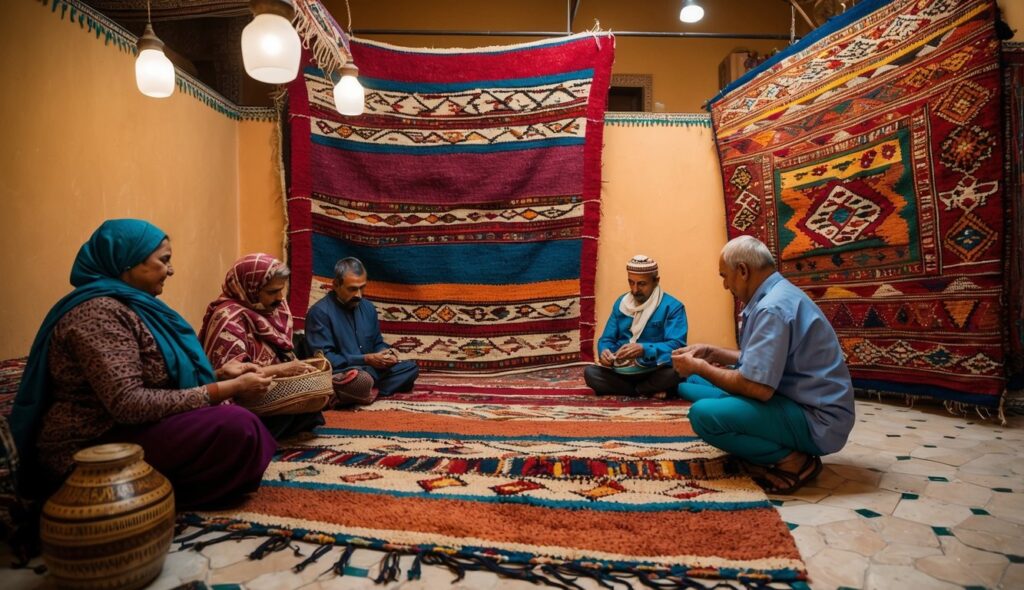 Un atelier de tapis berbères colorés au Maroc, avec des artisans qualifiés tissant des motifs complexes en utilisant des techniques traditionnelles.