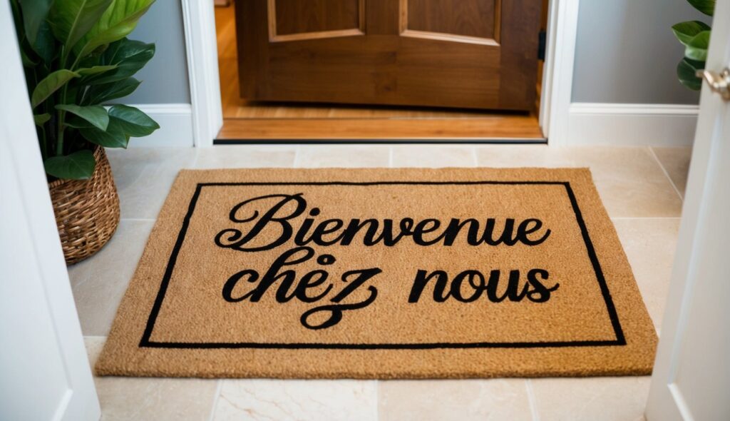 Un tapis d'entrée personnalisé avec les mots "Bienvenue chez nous" en écriture élégante, placé à l'entrée d'une maison propre et bien rangée.