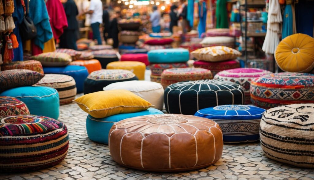 Une variété de poufs berbères de différentes tailles et formes, allant de petits coussins de sol à de grands poufs circulaires, sont dispersés dans un marché vibrant.