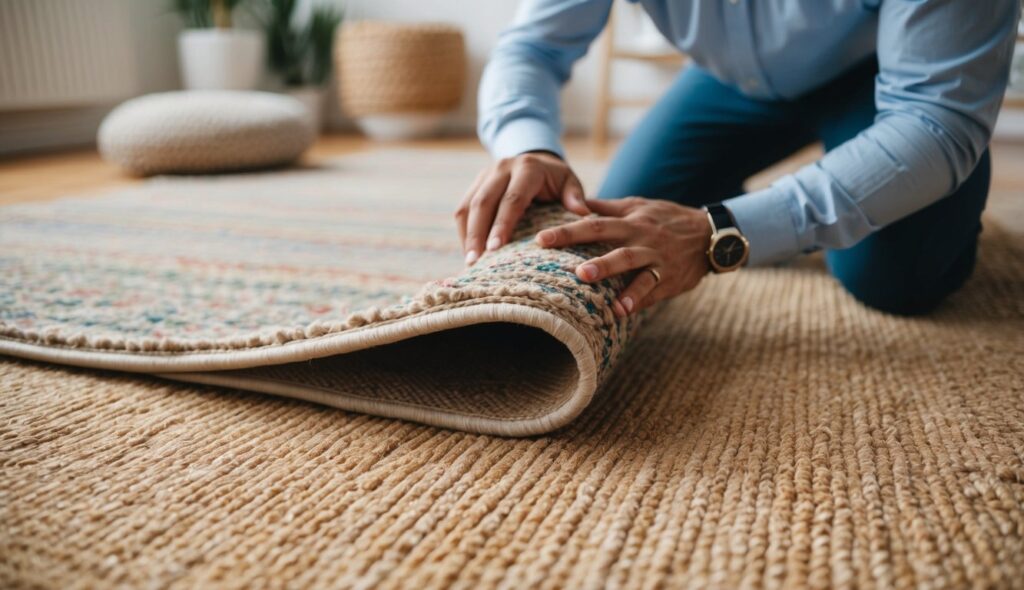 Une personne examine attentivement un tapis en sisal, considérant le design, la palette de couleurs, la qualité des fibres et la densité pour la durabilité et le confort.