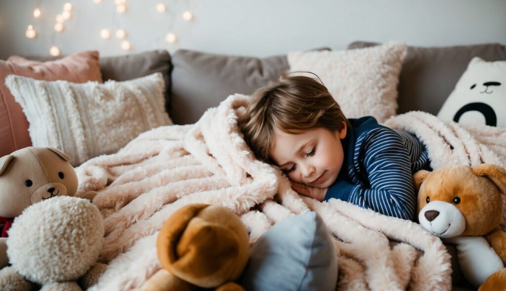 Un enfant se blottit dans une couverture en minky, entouré de peluches douillettes et de coussins.