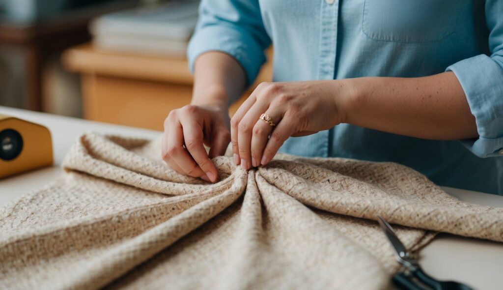 Une personne coud un tissu bouclé pour en faire un vêtement polyvalent.