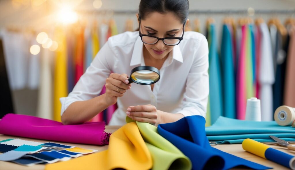 Un designer de mode examinant attentivement différents tissus avec une loupe, entouré d'outils de couture et de morceaux de tissu colorés.