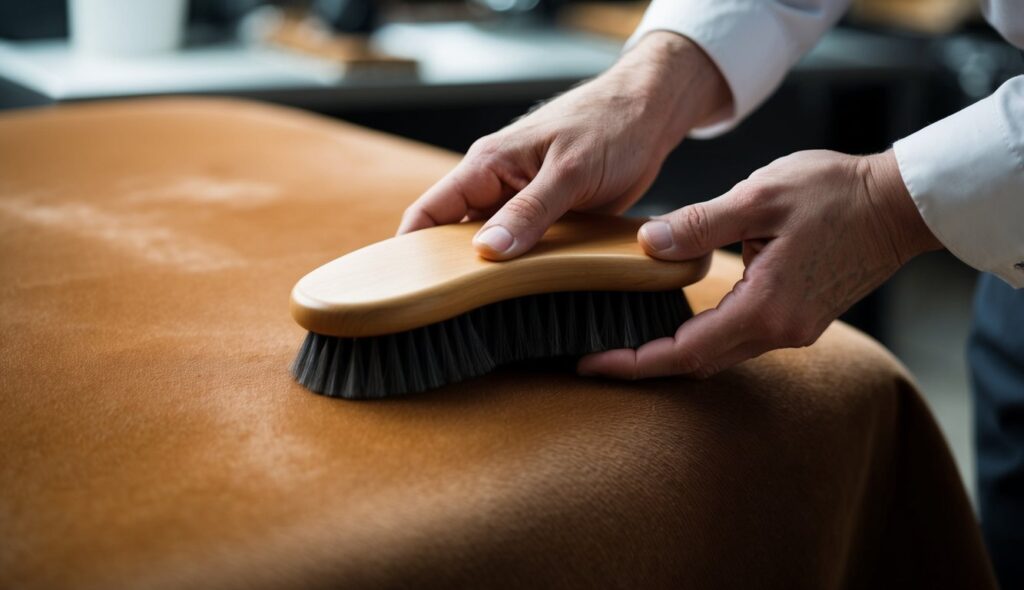 Une main habile brosse et entretient soigneusement le matériau nubuck luxueux, mettant en valeur sa riche texture et son éclat élégant.