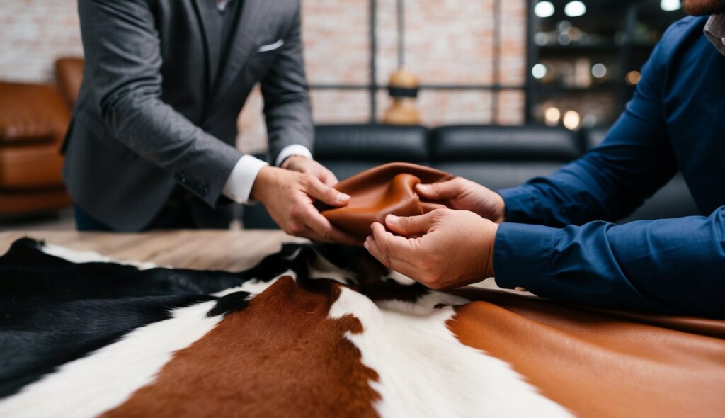 Un client examine attentivement une sélection de meubles en cuir de haute qualité, comparant la texture et la durabilité du cuir de vache et du cuir de buffle.