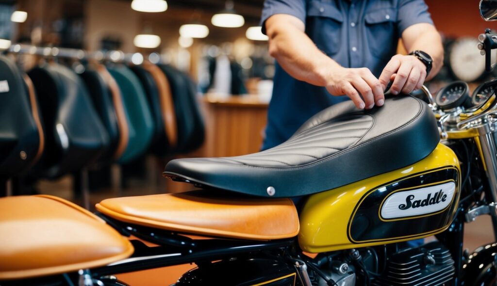 Une scène dans un atelier de selles de moto avec un motard essayant un siège confortable pour de longs trajets.