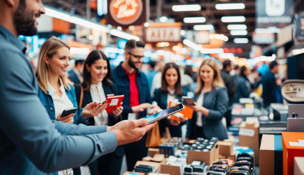 Un marché en ligne animé où diverses entreprises vendent leurs produits à des clients impatients.