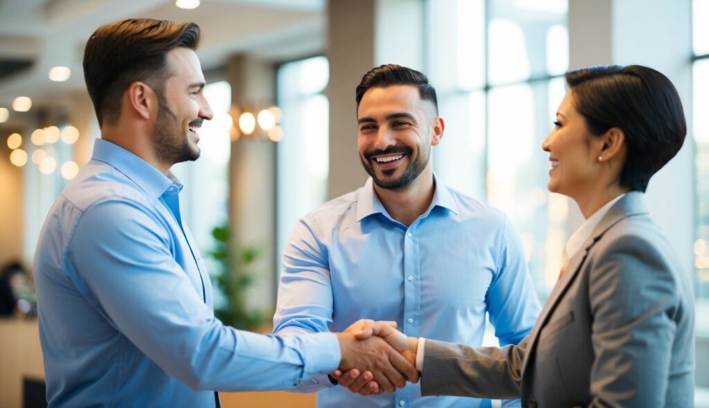 Un propriétaire d'entreprise serre chaleureusement la main d'un client satisfait, tous deux souriant et engagés dans une conversation.