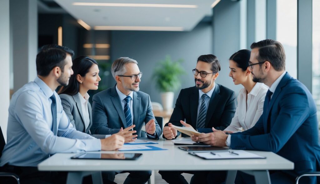 Un groupe de professionnels discute des opportunités d'investissement dans un cadre de bureau moderne.