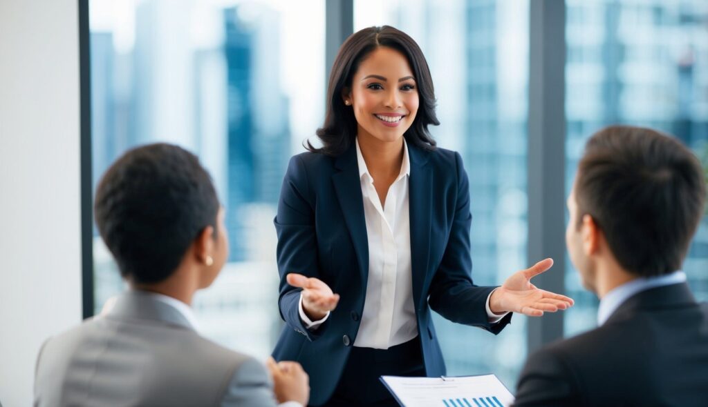 Le vendeur accueille le prospect avec un sourire chaleureux, dégageant professionnalisme et enthousiasme.