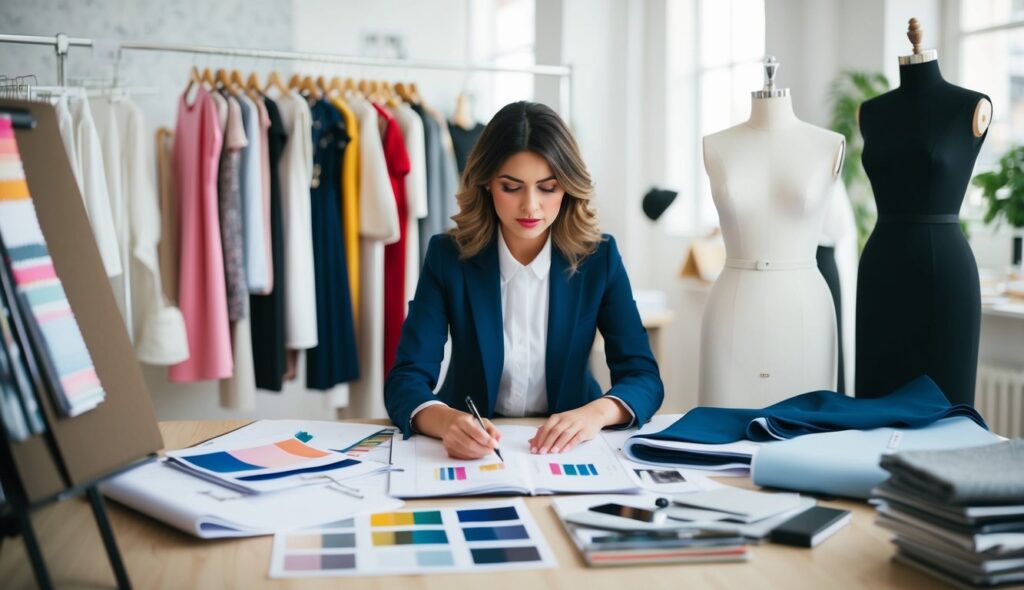 Le designer de mode analyse méticuleusement le marché, entouré de croquis et d'échantillons de tissu, dans les premières étapes de la création d'une nouvelle collection.