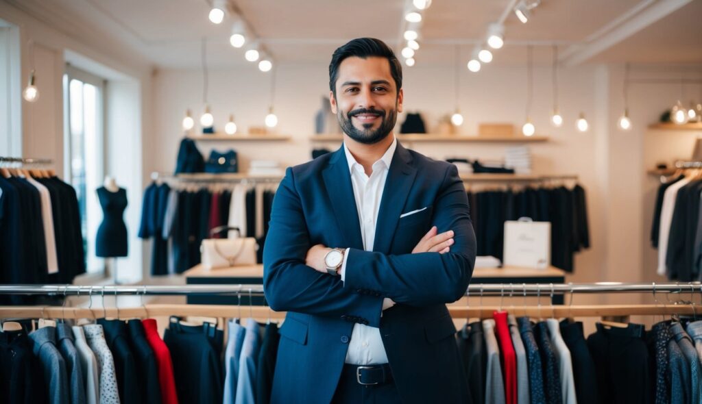 Un entrepreneur confiant à Paris se tient derrière un magasin de vêtements.