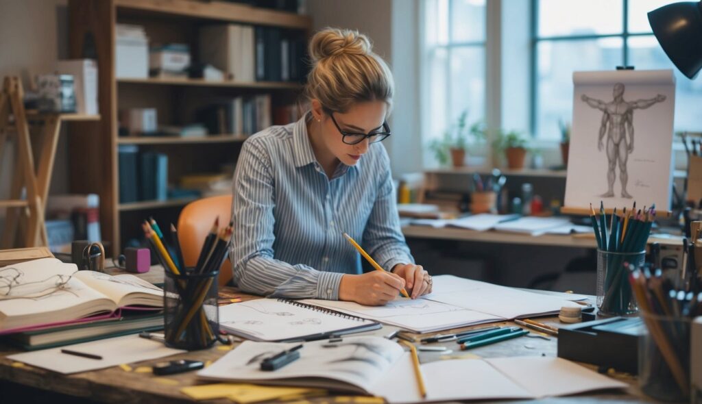 Un artiste est assis à un bureau en désordre, entouré de crayons, de gommes et de papier. Il esquisse avec des lignes rapides et fluides, capturant les poses essentielles d'un modèle. Un livre d'anatomie est ouvert à proximité.