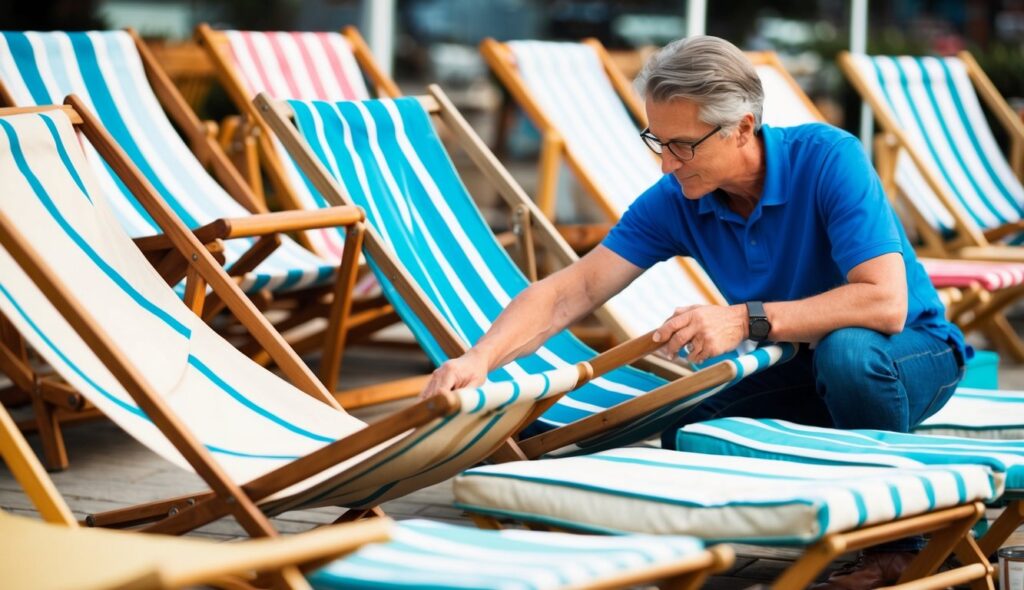 Une personne examine attentivement une sélection de chaises de pont en toile et de chaises longues, comparant qualité et prix, à la recherche d'un achat durable et confortable.