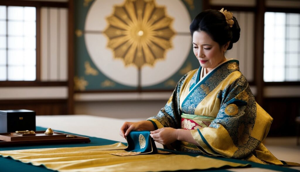 Un artisan qualifié sélectionne avec soin le meilleur tissu en soie, orné de motifs complexes et symboliques, pour créer un kimono luxueux et iconique.